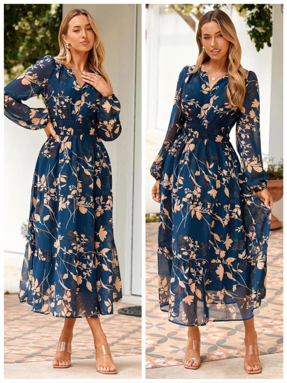 Simplee Navy Blue Beige Long Sleeve Floral Sheer A Line Flowy Fall Maxi Dress M